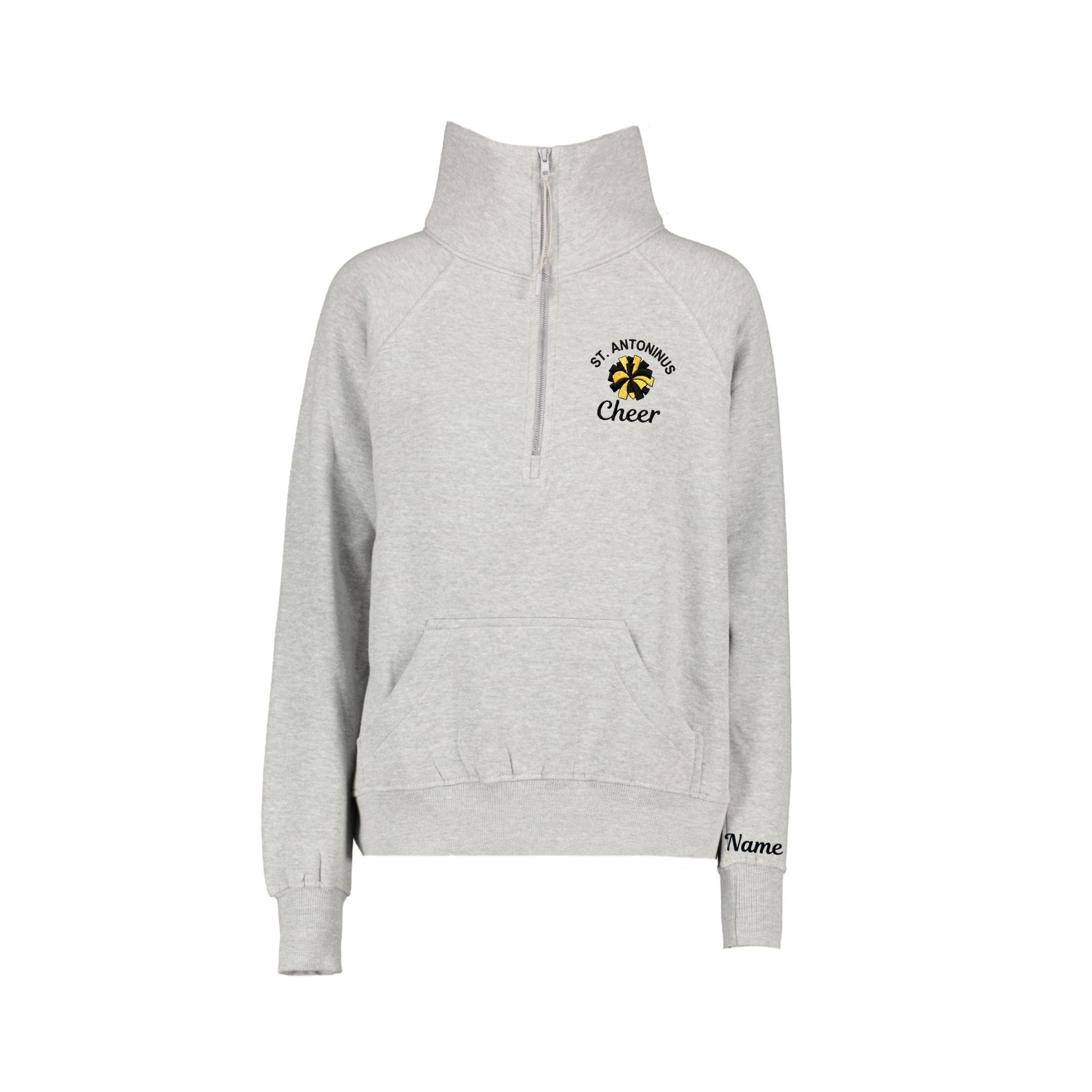 athletic heather boxy quarter zip with custom st. antoninus cheer pom pom embroidered design on the left chest with name embroidery on the cuff of the sweatshirt