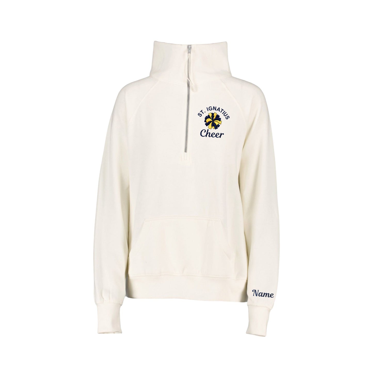 Bleached Linen boxy quarter zip sweatshirt with st. ignatius cheer pom pom embroidered design on the left chest with name cuff embroidery option