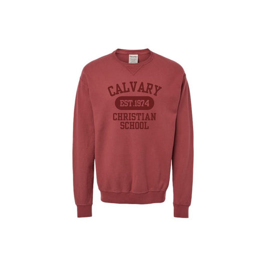 Cayenne garment-dyed comfort wash crewneck pullover with custom calvary christian school 1974 tone-on-tone print on the front center chest