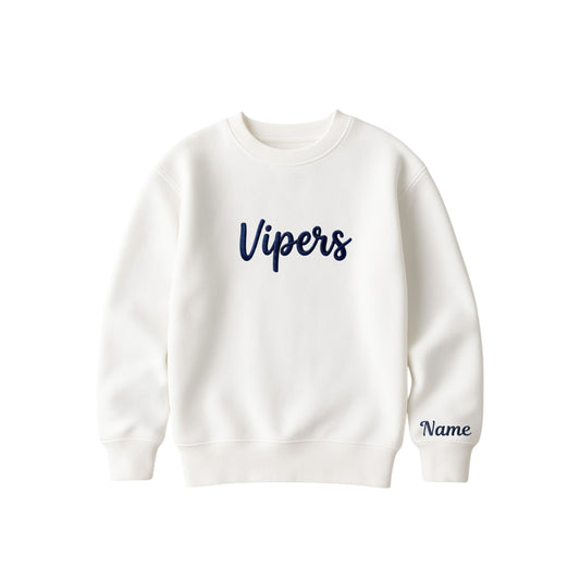 BLEACHED LINEN CREWNECK SWEATSHIRT WITH VIPERS EMBROIDERED IN 3D SCRIPT AND NAME EMBROIDERED ON THE SLEEVE