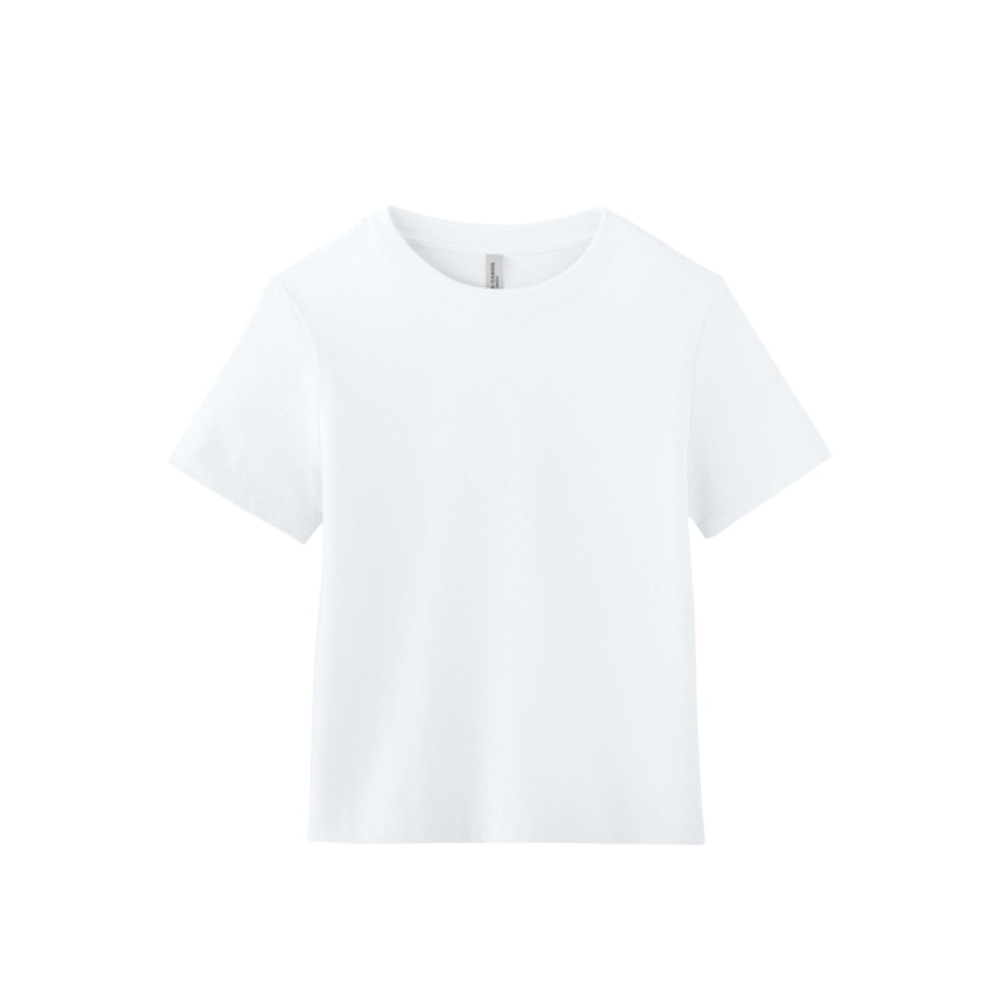 A plain white short-sleeve crewneck t-shirt displayed flat against a solid white background.