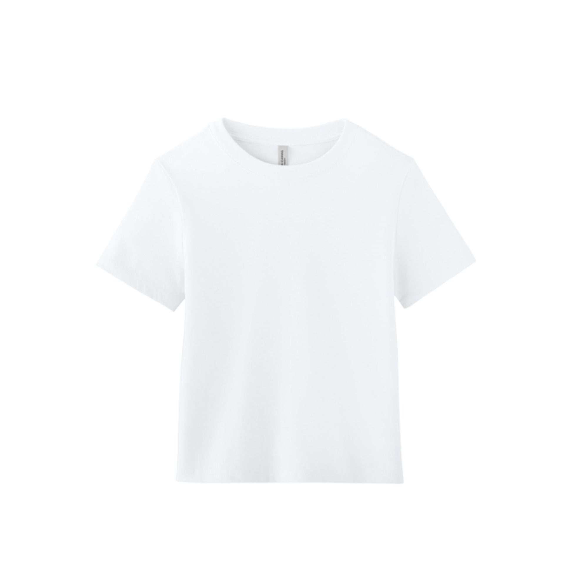 A plain white short-sleeve crewneck t-shirt displayed flat against a solid white background.