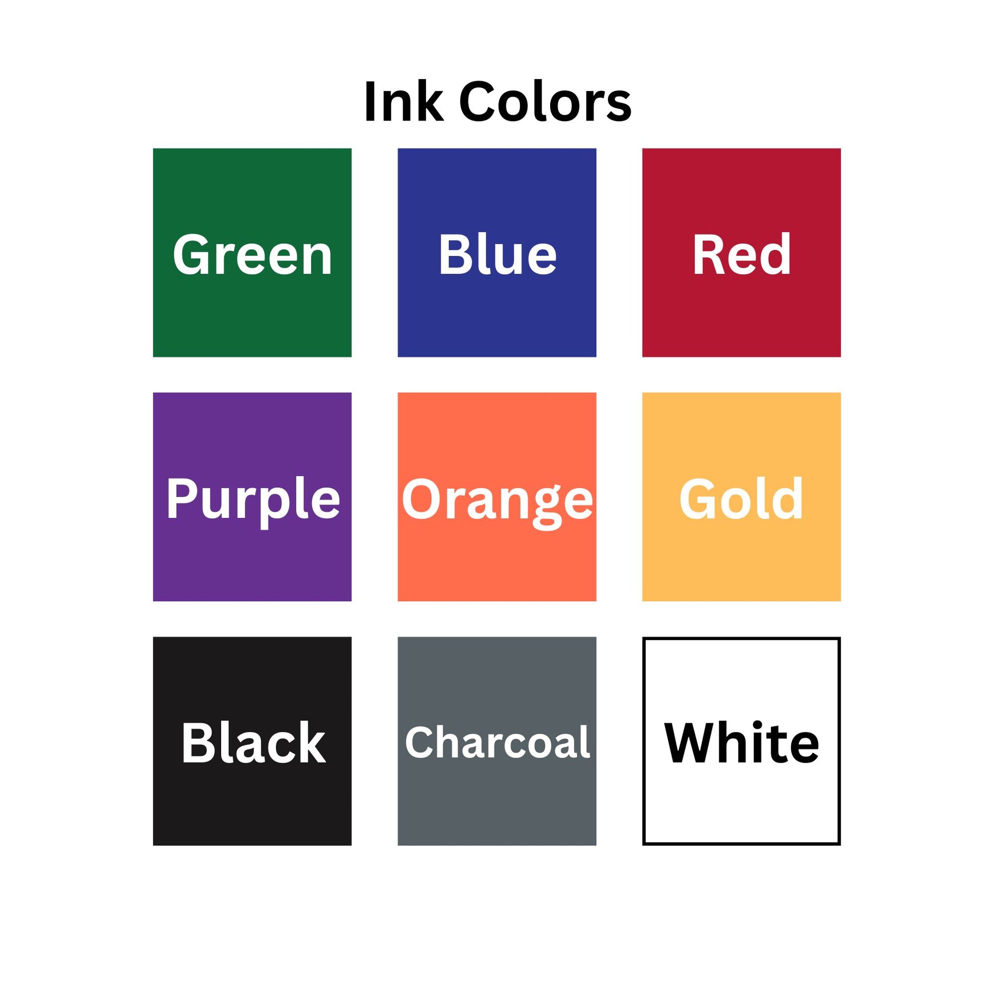 Grid of ink color swatches labeled with their names on a white background