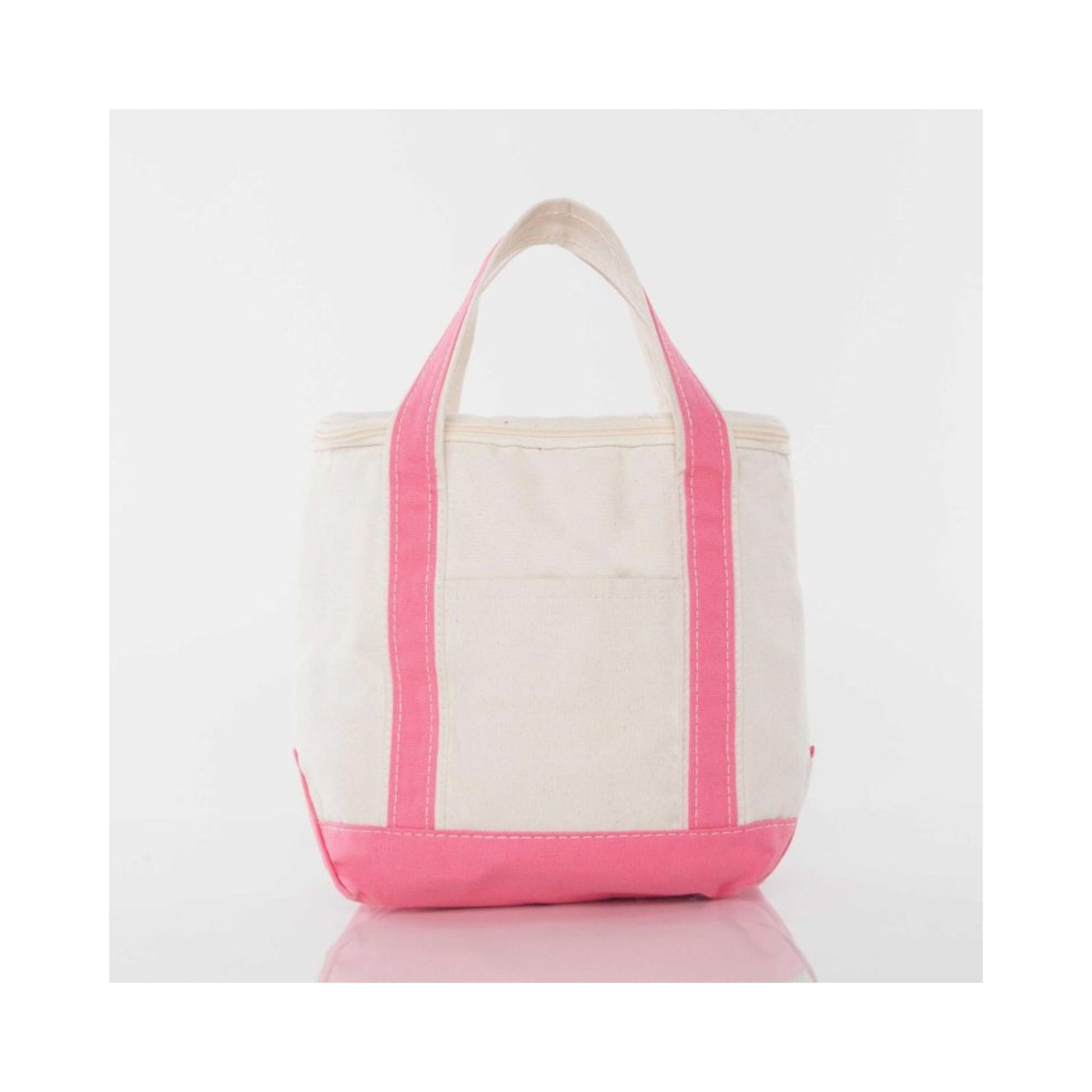 Beige tote cooler bag with coral trim on a white background