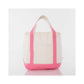 Beige tote cooler bag with coral trim on a white background