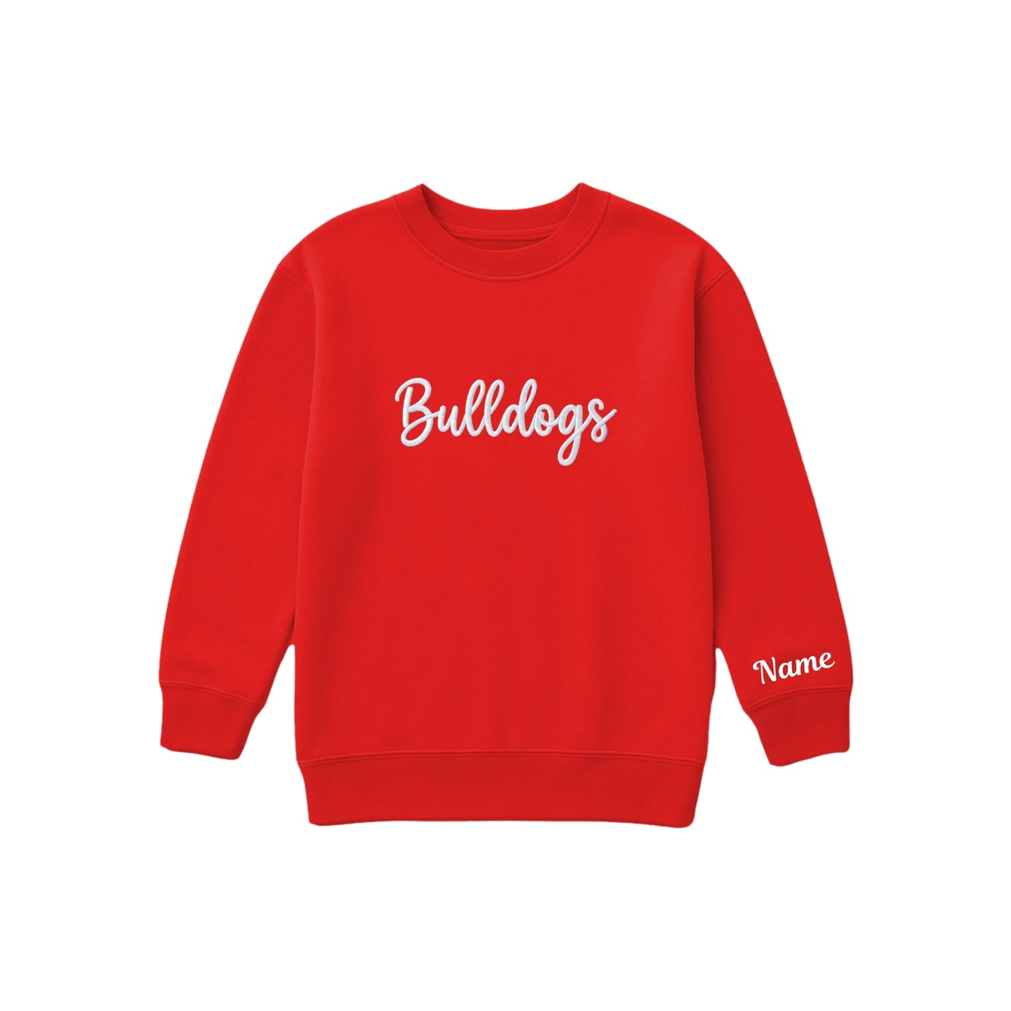 red boxy crewneck sweatshirt with 3d puff embroidered bulldogs design across the center chest with optional  name embroidery on the cuff
