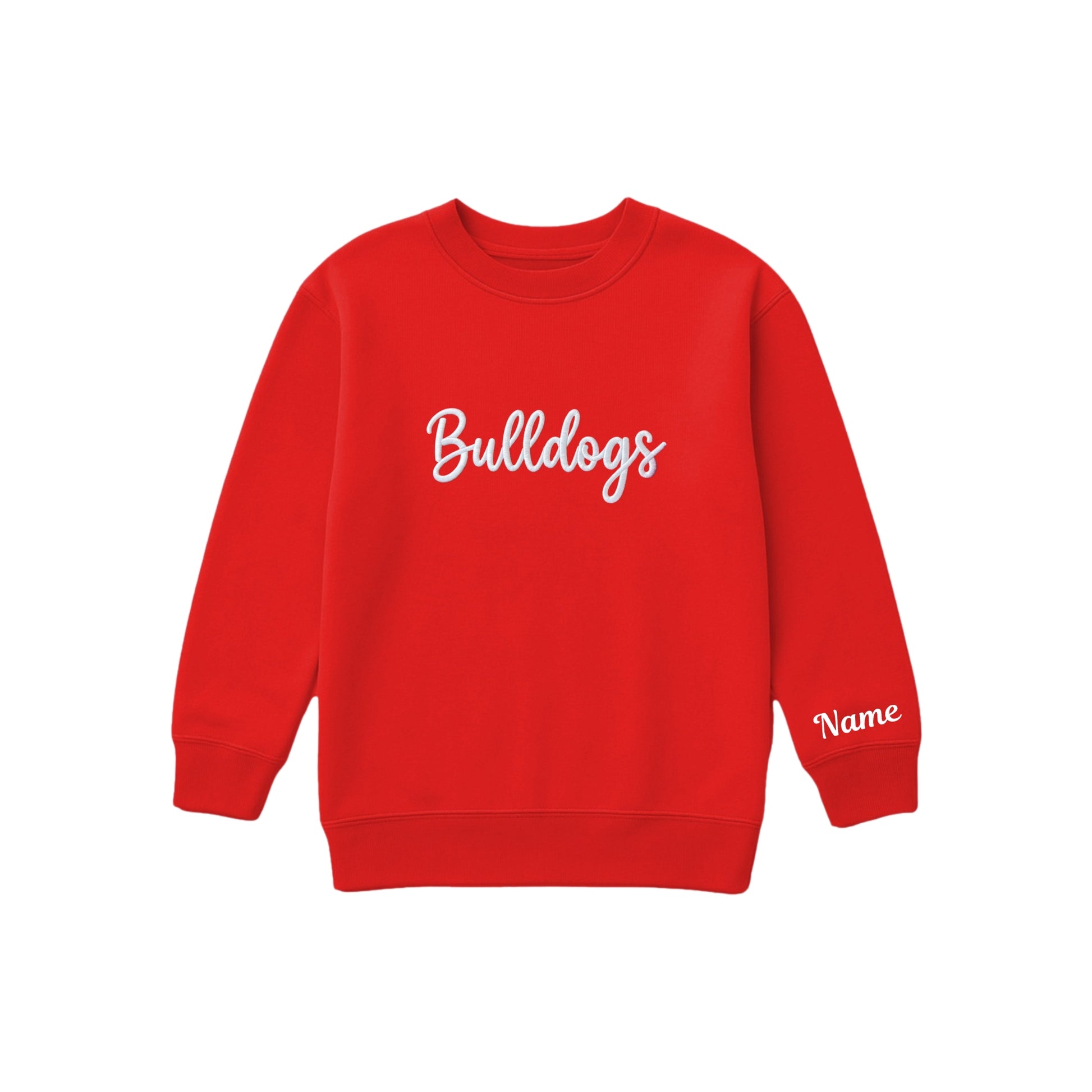 red boxy crewneck sweatshirt with 3d puff embroidered bulldogs design across the center chest with optional  name embroidery on the cuff