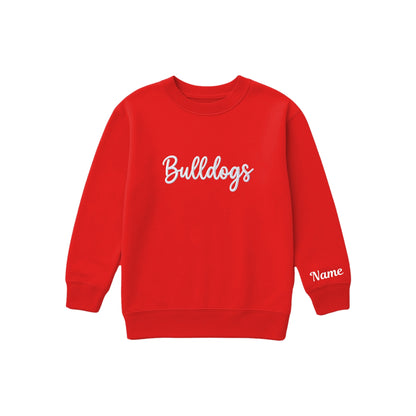 red boxy crewneck sweatshirt with 3d puff embroidered bulldogs design across the center chest with optional  name embroidery on the cuff