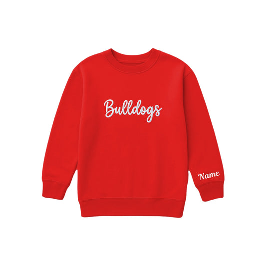 red boxy crewneck sweatshirt with 3d puff embroidered bulldogs design across the center chest with optional  name embroidery on the cuff
