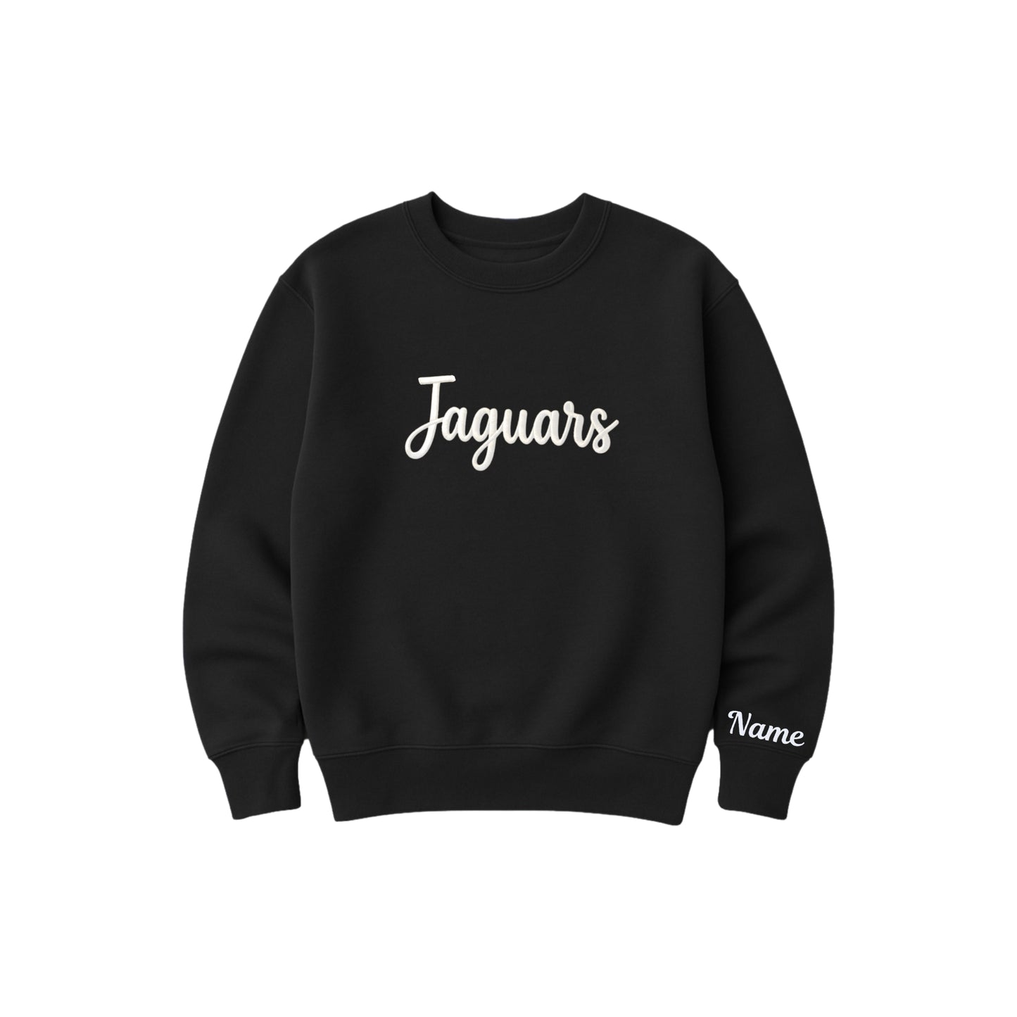 black crewneck sweatshirt with jaguars embroidered in 3d puff script across the chest in white thread with name embroidery on the left sleeve