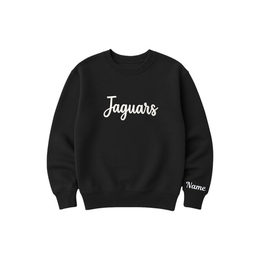 black crewneck sweatshirt with jaguars embroidered in 3d puff script across the chest in white thread with name embroidery on the left sleeve