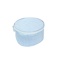 Round blue and white striped fabric pouch with a zipper on a white background