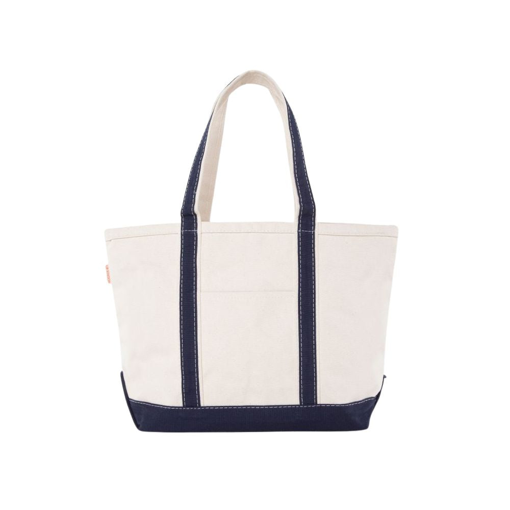 Natural tote bag with navy trim on a white background