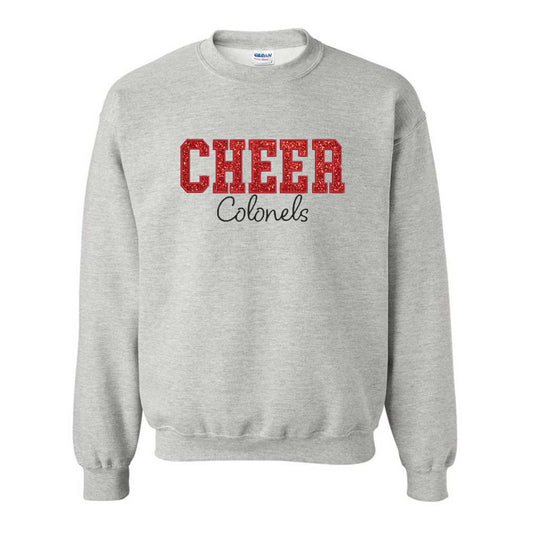 ash crewneck sweatshirt with custom cheer colonels embroidered design featuring a red glitter applique 