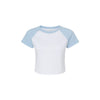 White t-shirt with light blue sleeves on a white background