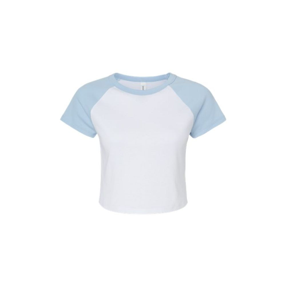 White t-shirt with light blue sleeves on a white background