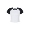 Black and white baseball-style t-shirt on a white background