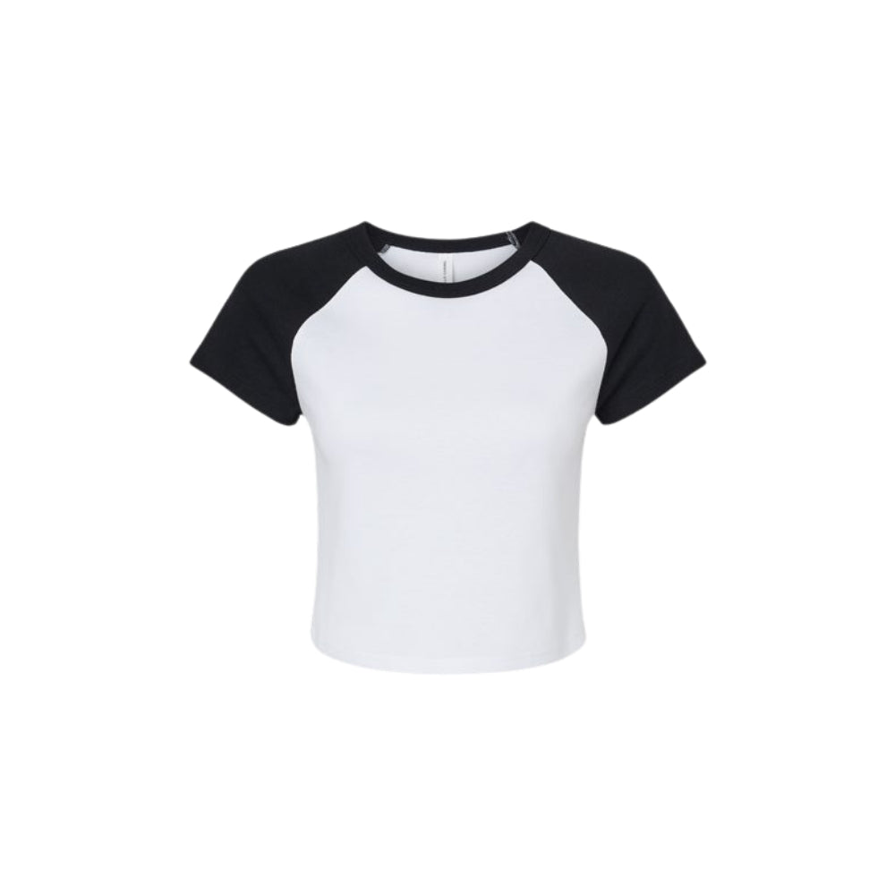 Black and white baseball-style t-shirt on a white background