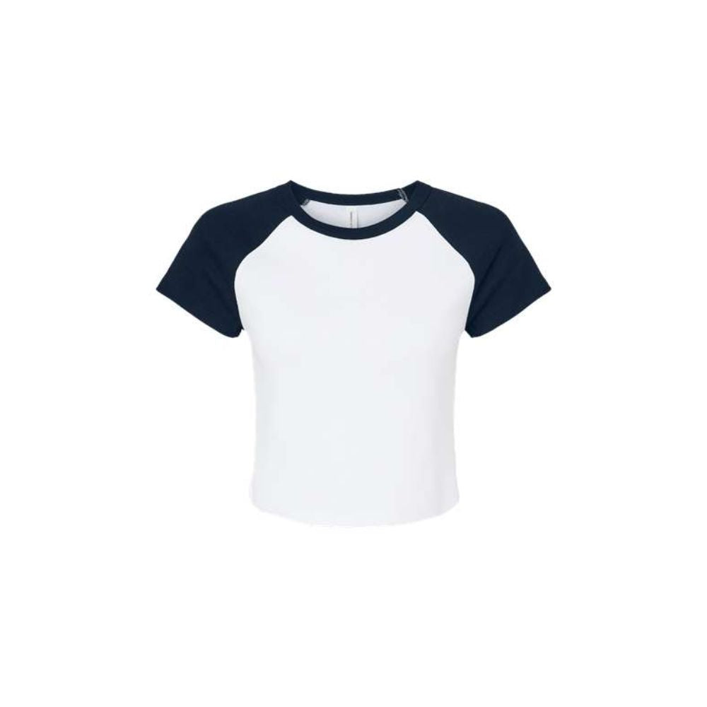 White t-shirt with navy blue sleeves on a white background