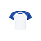 White t-shirt with blue sleeves on a white background