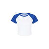 White t-shirt with blue sleeves on a white background