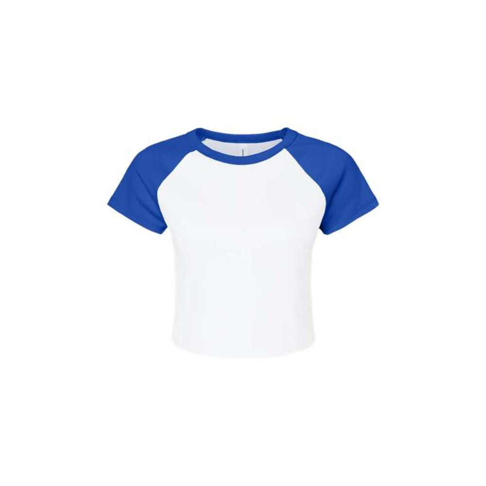White t-shirt with blue sleeves on a white background