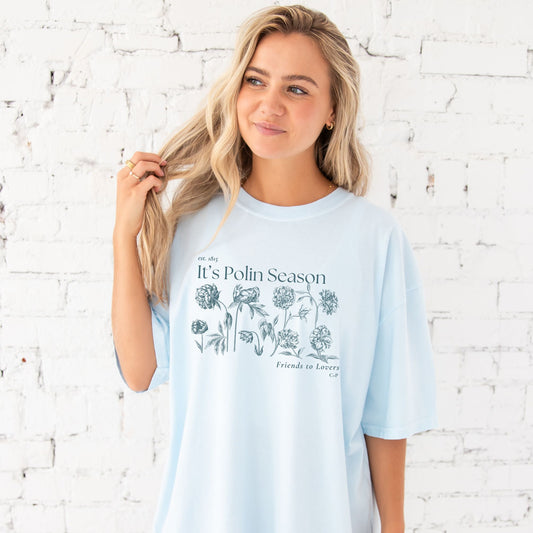 chambray comfort colors tee with a it's polin season printed design inspired by bridgerton