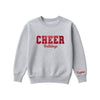 athletic heather crewneck sweatshirt with custom cheer glitter applique embroidery with Bulldogs under in script font, and optional name embroidered on the left cuff