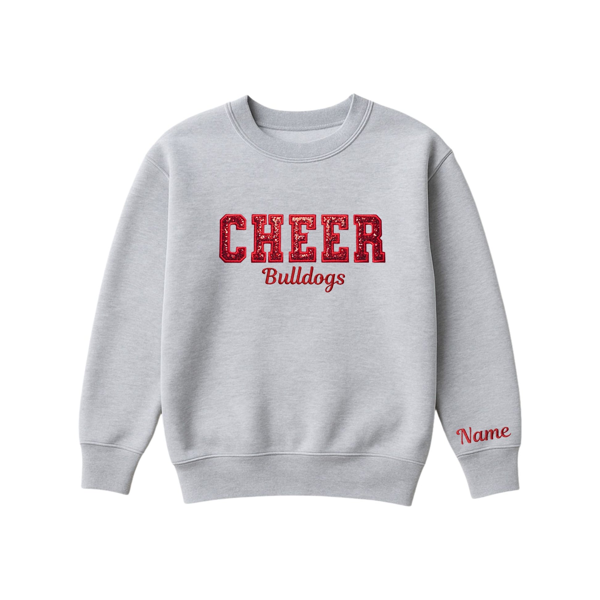 athletic heather crewneck sweatshirt with custom cheer glitter applique embroidery with Bulldogs under in script font, and optional name embroidered on the left cuff