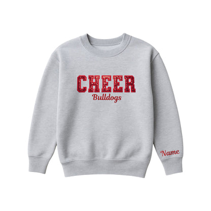 athletic heather crewneck sweatshirt with custom cheer glitter applique embroidery with Bulldogs under in script font, and optional name embroidered on the left cuff