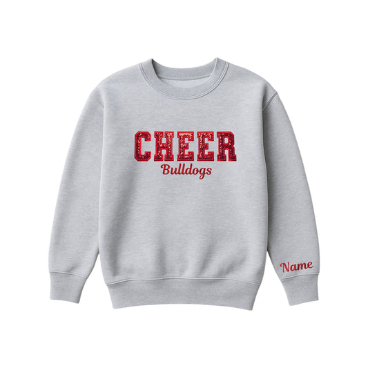 athletic heather crewneck sweatshirt with custom cheer glitter applique embroidery with Bulldogs under in script font, and optional name embroidered on the left cuff