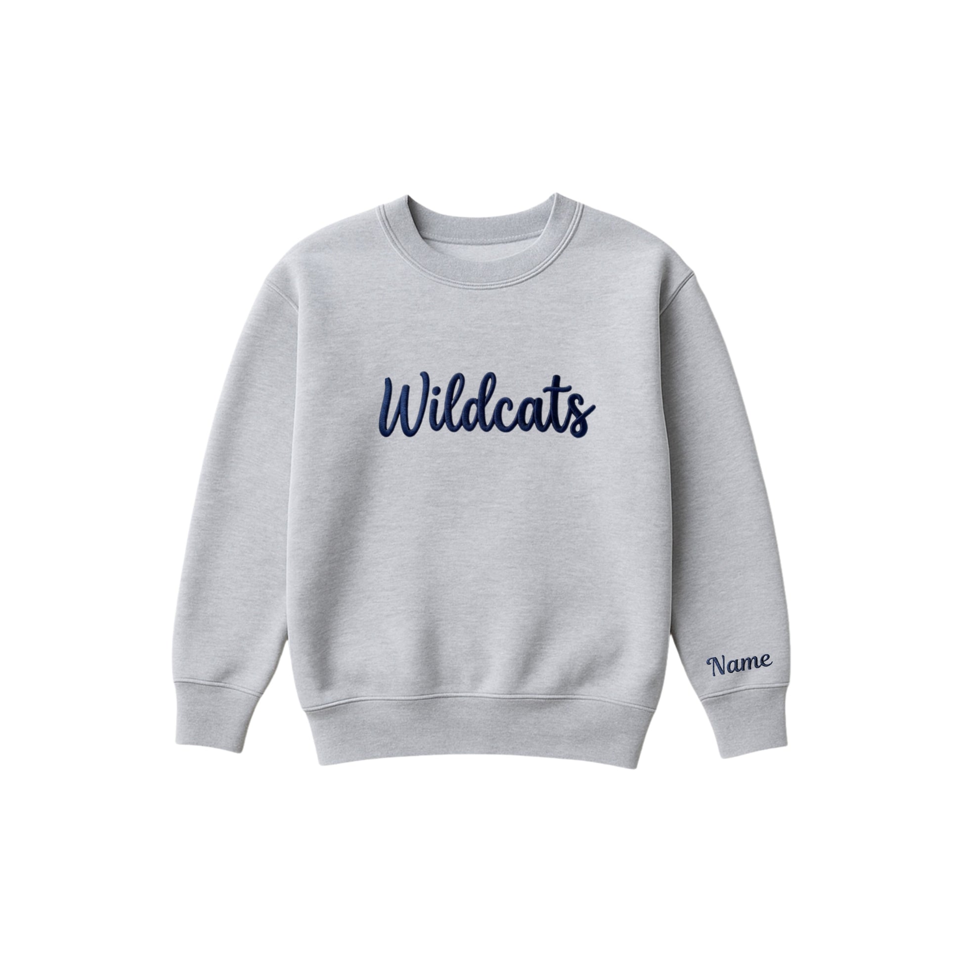 athletic heather boxy crewneck sweatshirt with 3d puff embroidered wildcats design across the center chest with optional  name embroidery on the cuff