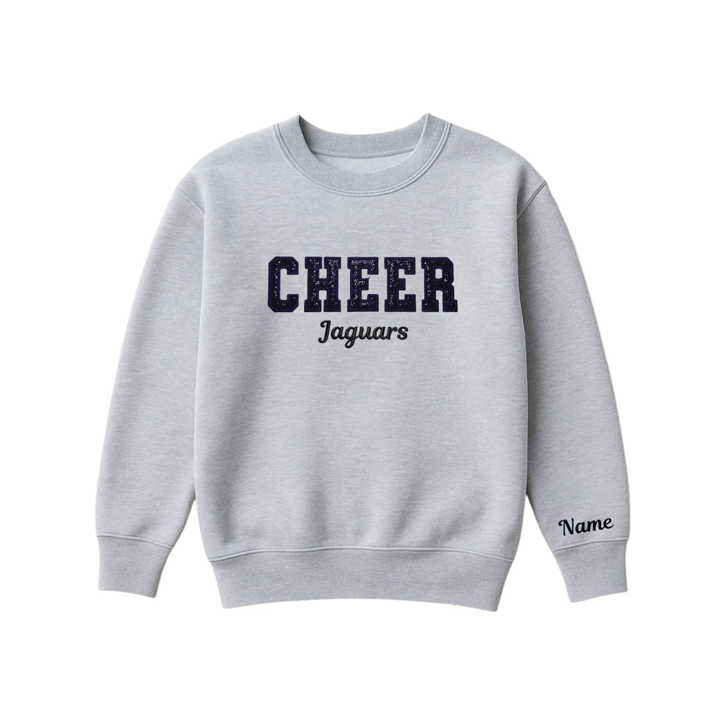 athletic heather boxy crewneck sweatshirt with black glitter applique embroidery reading cheer with jaguars embroidered in a script font underneath, and an optional name embroidery in a script font on the left sleeve 