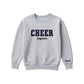 athletic heather boxy crewneck sweatshirt with black glitter applique embroidery reading cheer with jaguars embroidered in a script font underneath, and an optional name embroidery in a script font on the left sleeve 