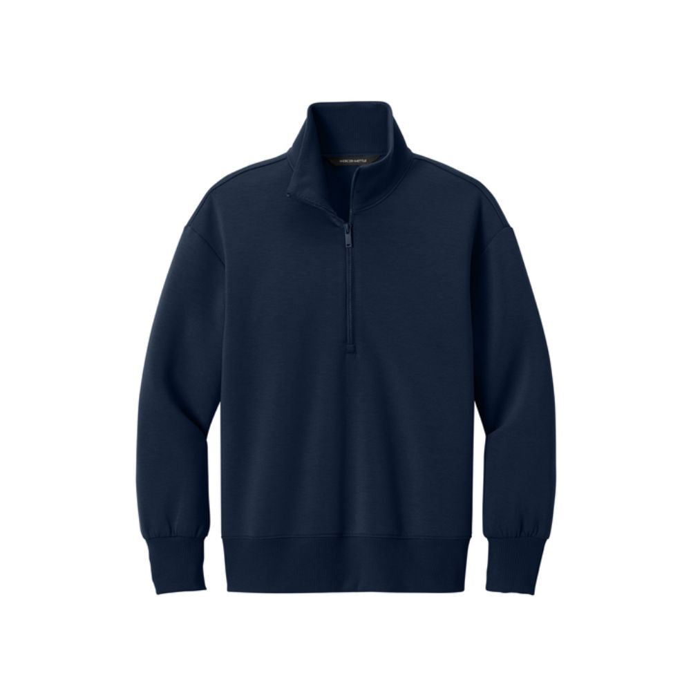 Navy blue half-zip sweatshirt on a white background