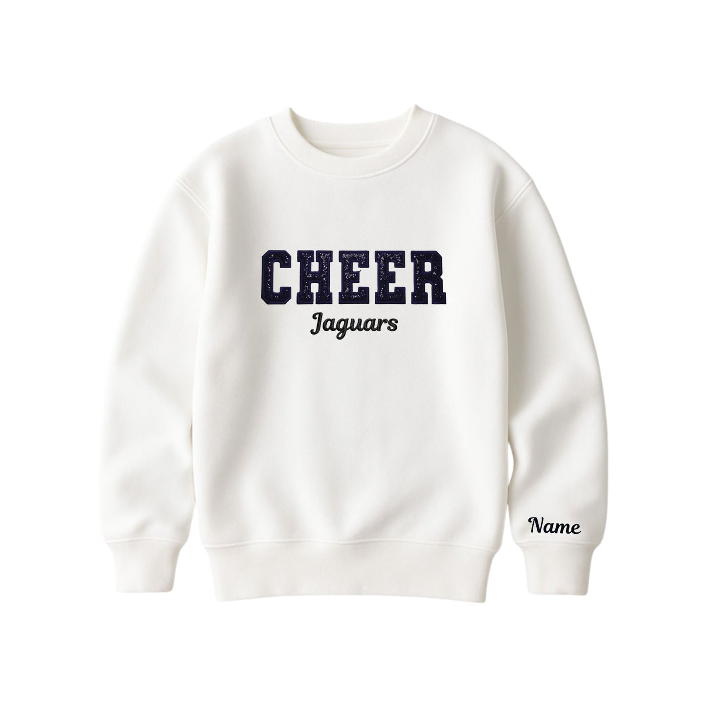 bleached linen boxy crewneck sweatshirt with black glitter applique embroidery reading cheer with jaguars embroidered in a script font underneath, and an optional name embroidery in a script font on the left sleeve 