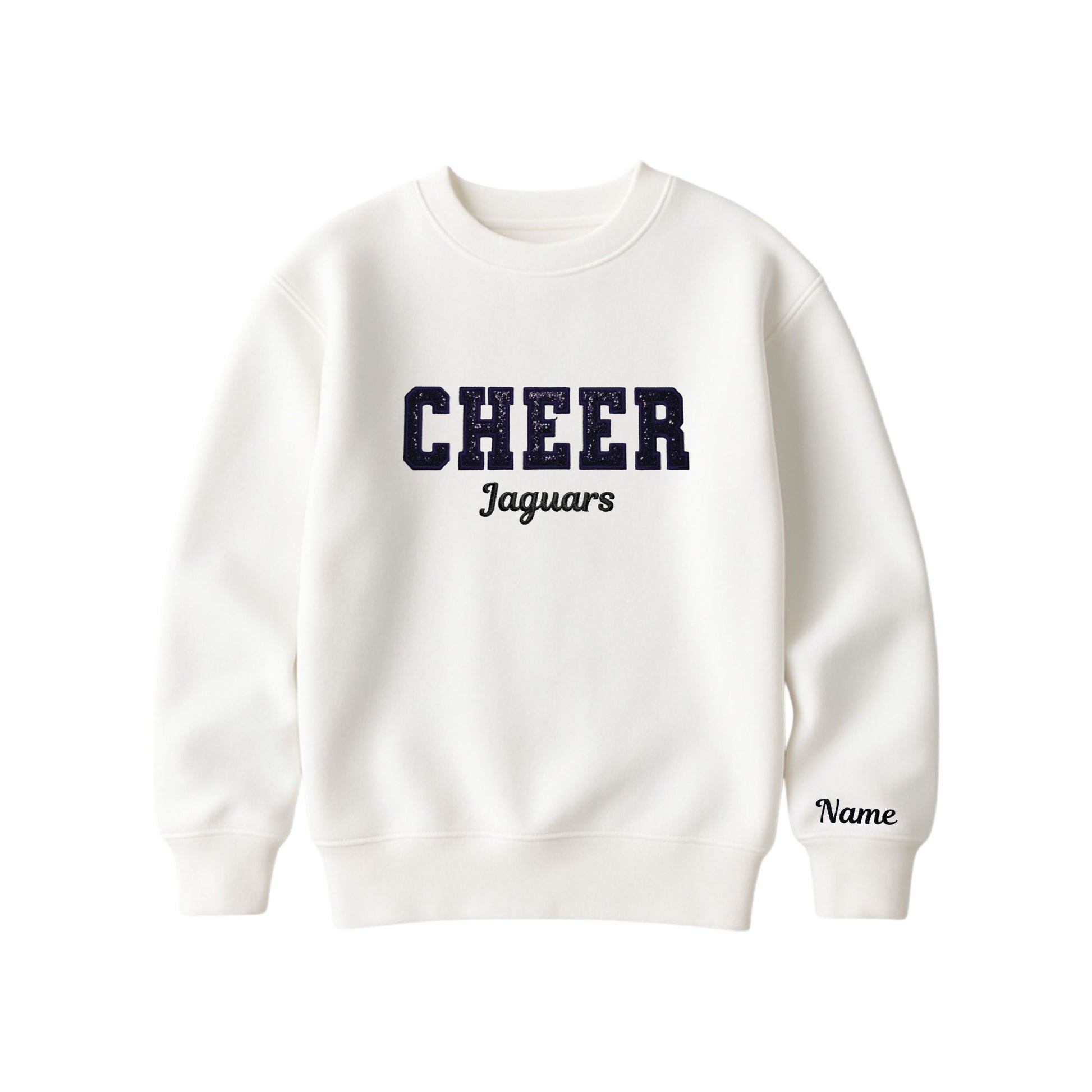 bleached linen boxy crewneck sweatshirt with black glitter applique embroidery reading cheer with jaguars embroidered in a script font underneath, and an optional name embroidery in a script font on the left sleeve 