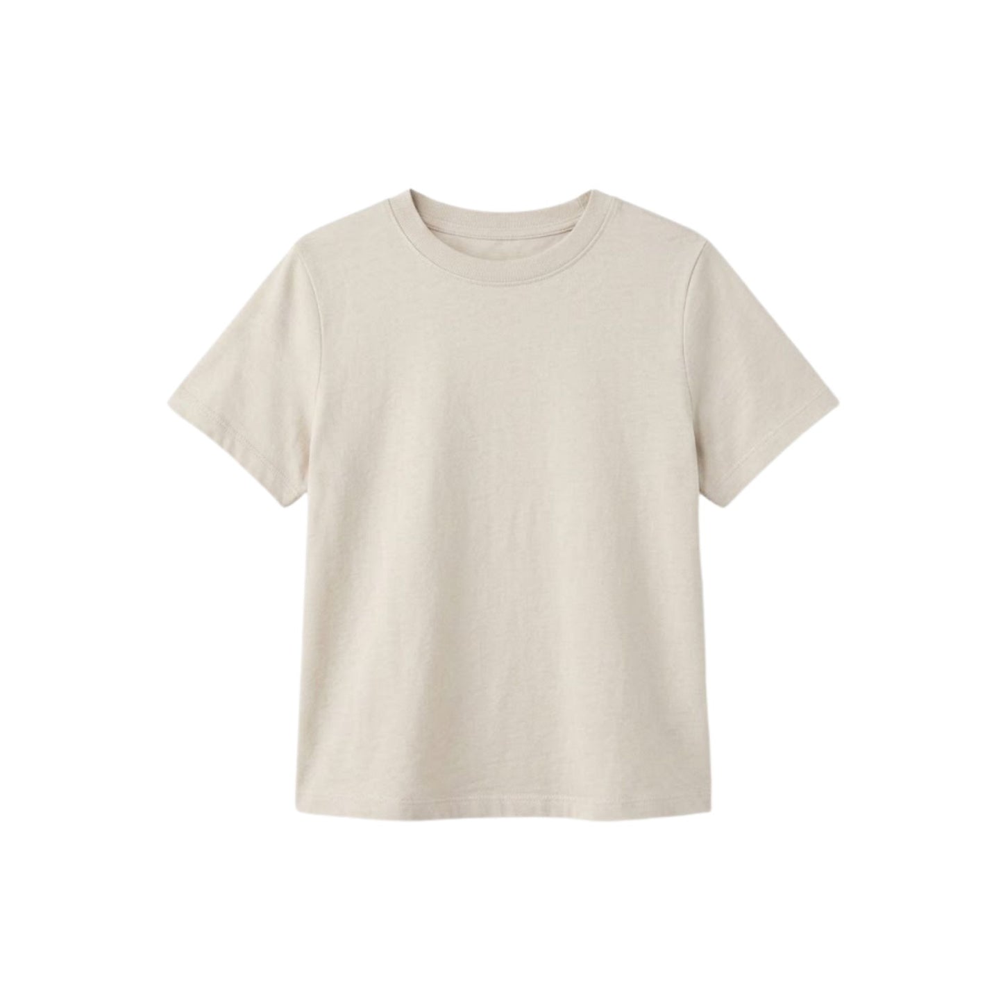 A plain short-sleeve crewneck t-shirt in a neutral dust color displayed against a solid white background.