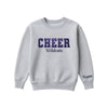athletic heather boxy crewneck sweatshirt with navy glitter applique embroidery reading cheer with wildcats embroidered in a script font underneath, and an optional name embroidery in a script font on the left sleeve 
