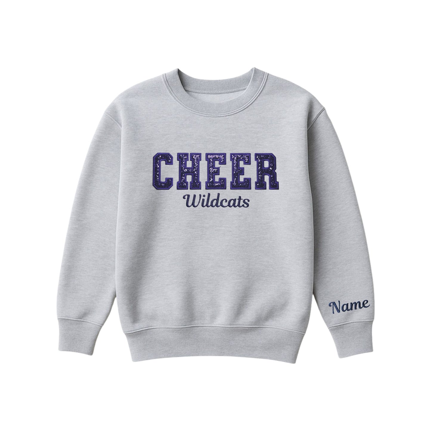 athletic heather boxy crewneck sweatshirt with navy glitter applique embroidery reading cheer with wildcats embroidered in a script font underneath, and an optional name embroidery in a script font on the left sleeve 