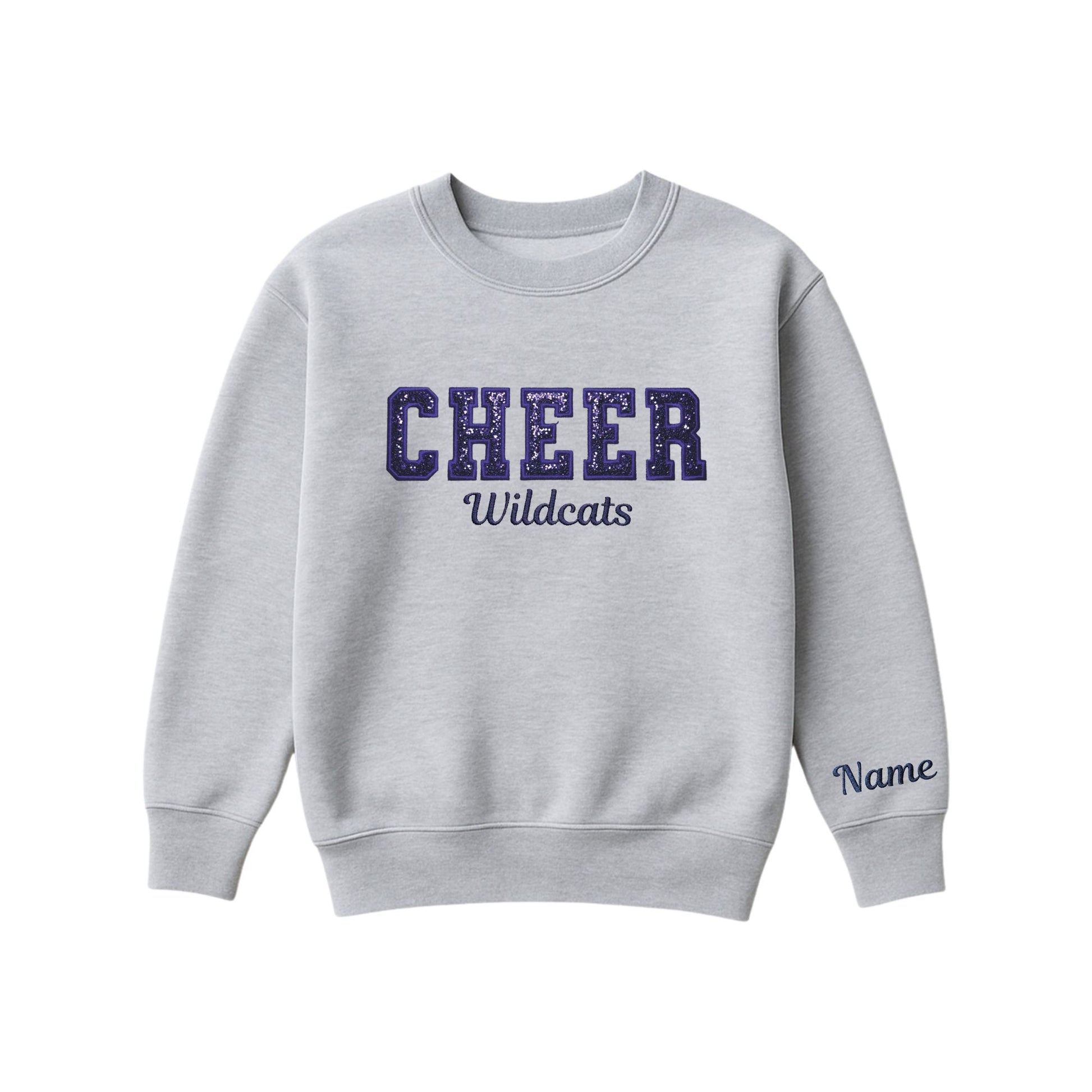 athletic heather boxy crewneck sweatshirt with navy glitter applique embroidery reading cheer with wildcats embroidered in a script font underneath, and an optional name embroidery in a script font on the left sleeve 