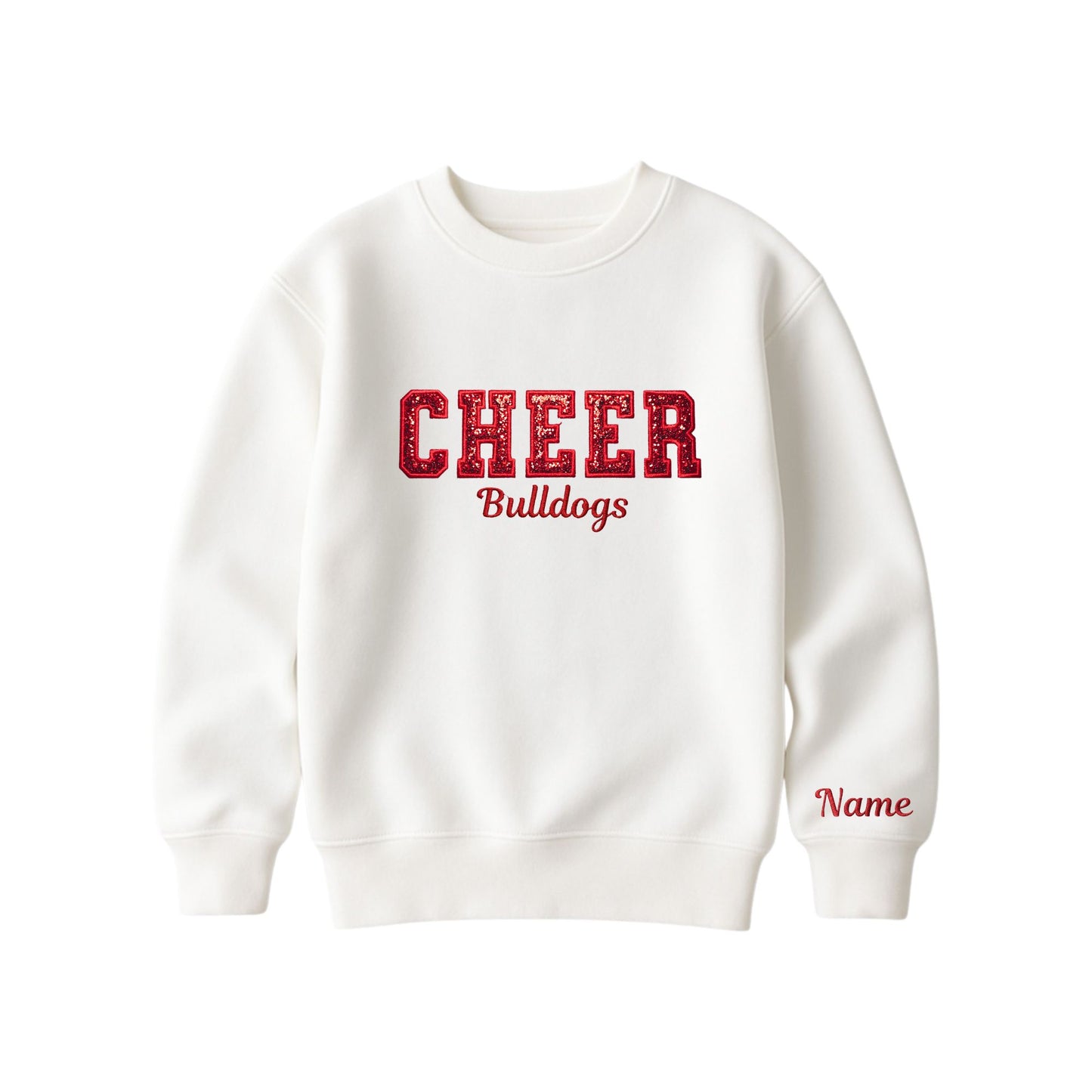 bleached linen crewneck sweatshirt with custom cheer glitter applique embroidery with Bulldogs under in script font, and optional name embroidered on the left cuff