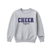 athletic heather boxy crewneck sweatshirt with navy glitter applique embroidery reading cheer with vipers embroidered in a script font underneath, and an optional name embroidery in a script font on the left sleeve 