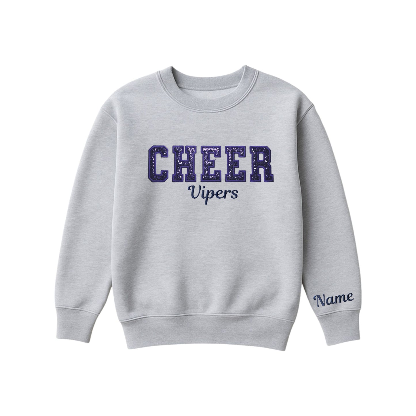 athletic heather boxy crewneck sweatshirt with navy glitter applique embroidery reading cheer with vipers embroidered in a script font underneath, and an optional name embroidery in a script font on the left sleeve 