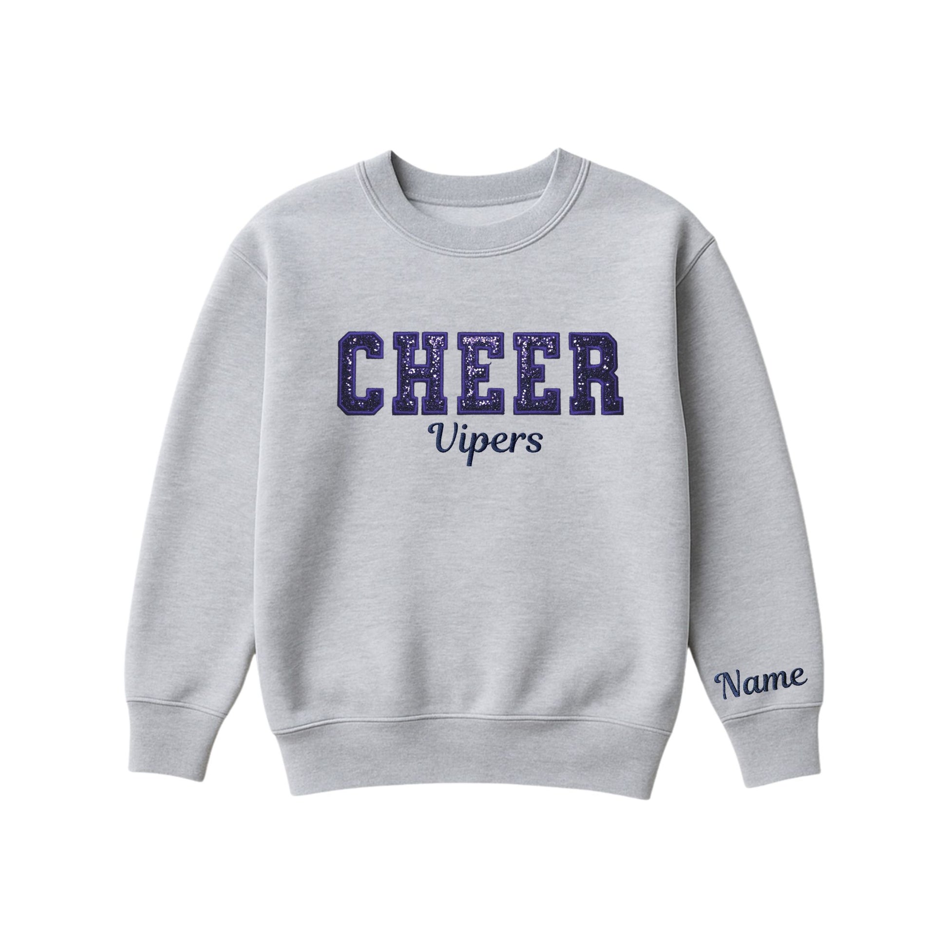 athletic heather boxy crewneck sweatshirt with navy glitter applique embroidery reading cheer with vipers embroidered in a script font underneath, and an optional name embroidery in a script font on the left sleeve 