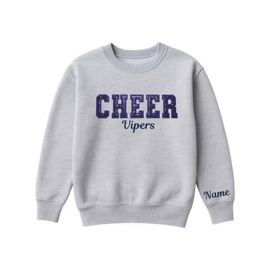 athletic heather boxy crewneck sweatshirt with navy glitter applique embroidery reading cheer with vipers embroidered in a script font underneath, and an optional name embroidery in a script font on the left sleeve 