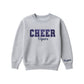 athletic heather boxy crewneck sweatshirt with navy glitter applique embroidery reading cheer with vipers embroidered in a script font underneath, and an optional name embroidery in a script font on the left sleeve 