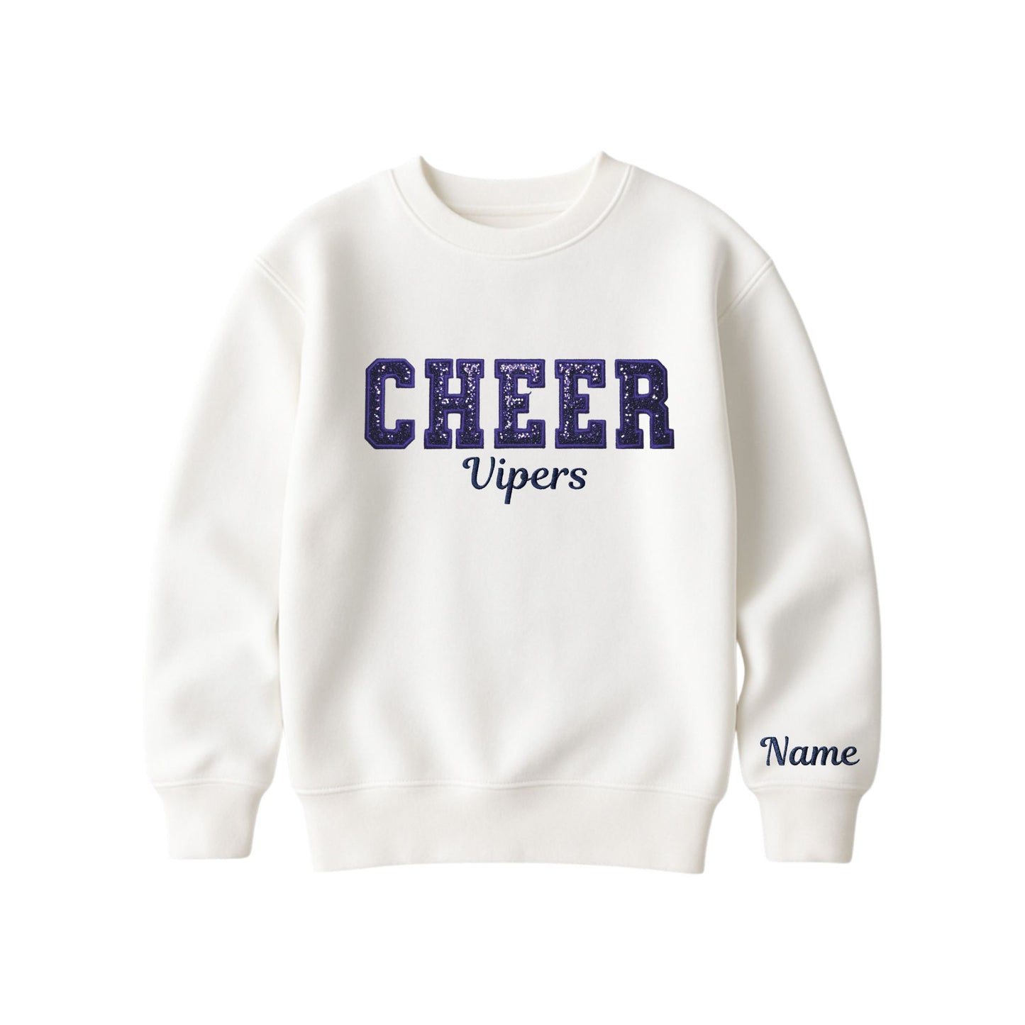 bleached linen boxy crewneck sweatshirt with navy glitter applique embroidery reading cheer with vipers embroidered in a script font underneath, and an optional name embroidery in a script font on the left sleeve 