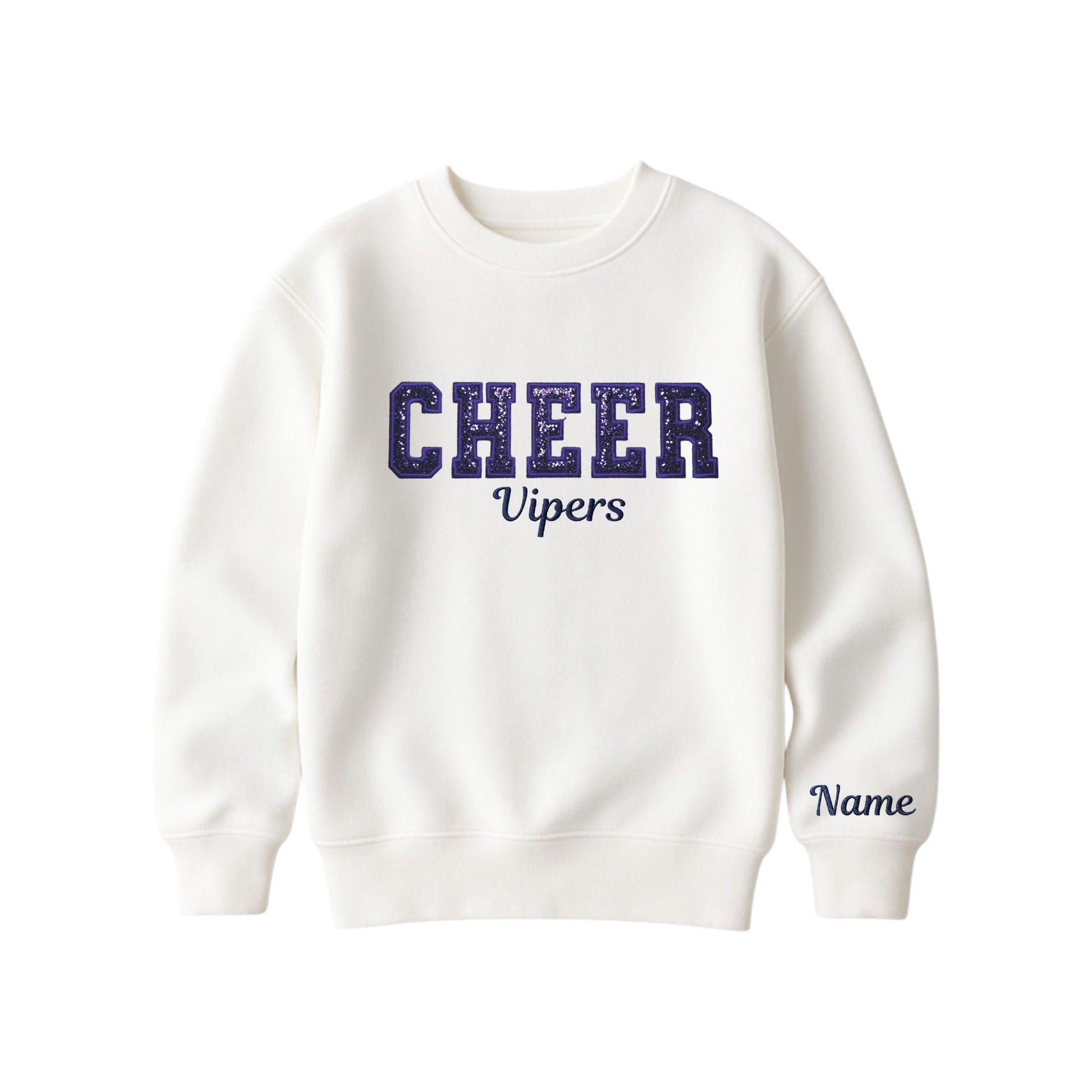 bleached linen boxy crewneck sweatshirt with navy glitter applique embroidery reading cheer with vipers embroidered in a script font underneath, and an optional name embroidery in a script font on the left sleeve 