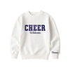 bleached linen boxy crewneck sweatshirt with navy glitter applique embroidery reading cheer with wildcats embroidered in a script font underneath, and an optional name embroidery in a script font on the left sleeve 